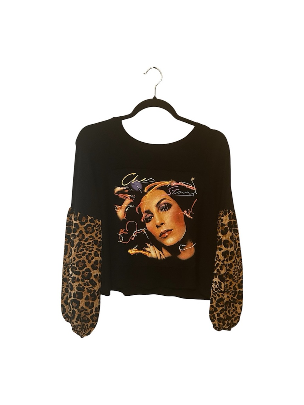 Cher Upcycled Graphic Long-Sleeve Top with Leopard Print Sleeves